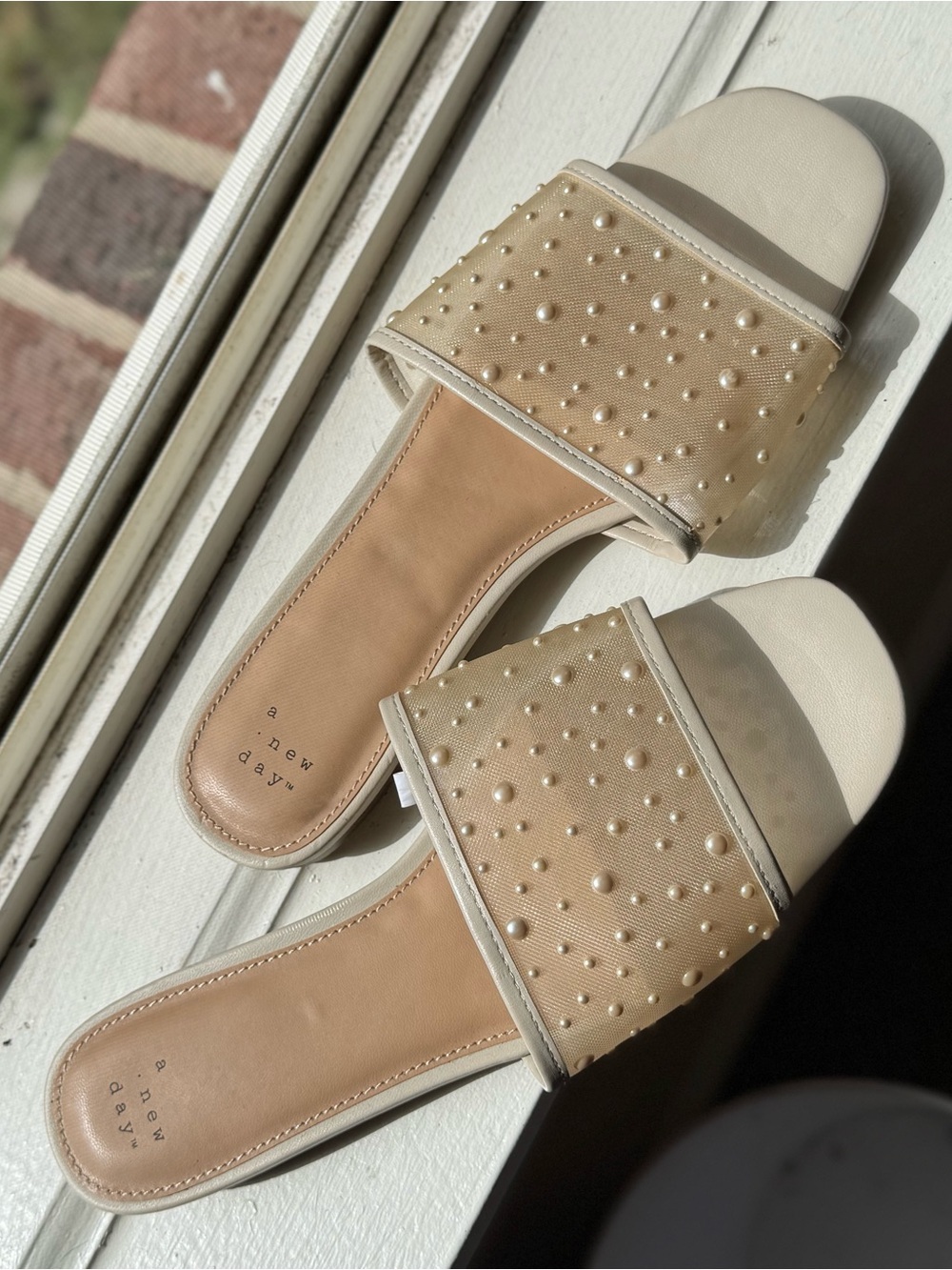 a new day Pearl-Embellished Cream Slide Sandals